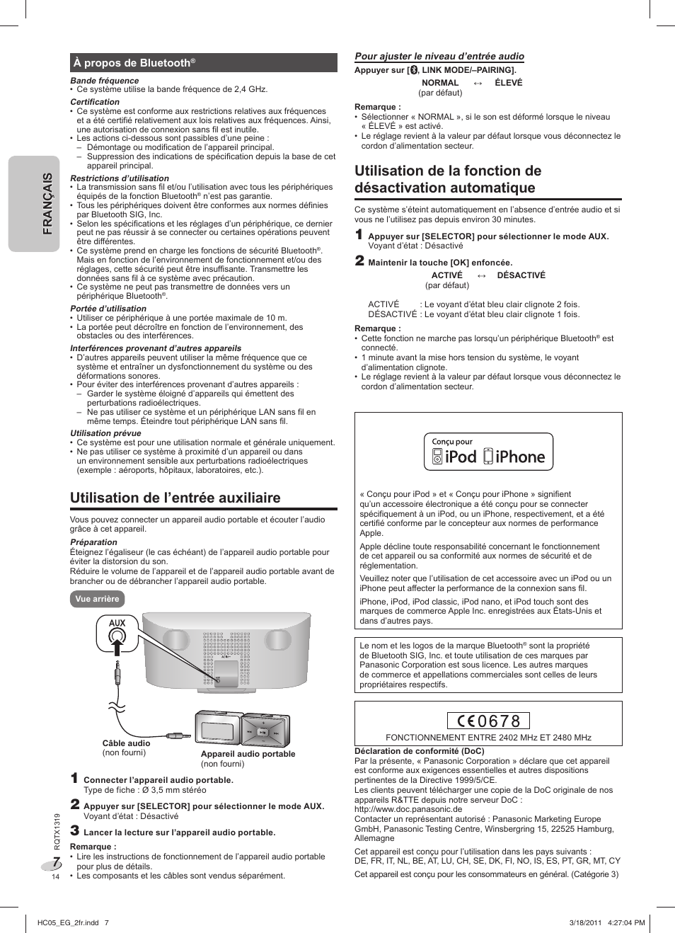 Utilisation de l’entrée auxiliaire, English français français | Panasonic SCHC05EG User Manual | Page 14 / 52