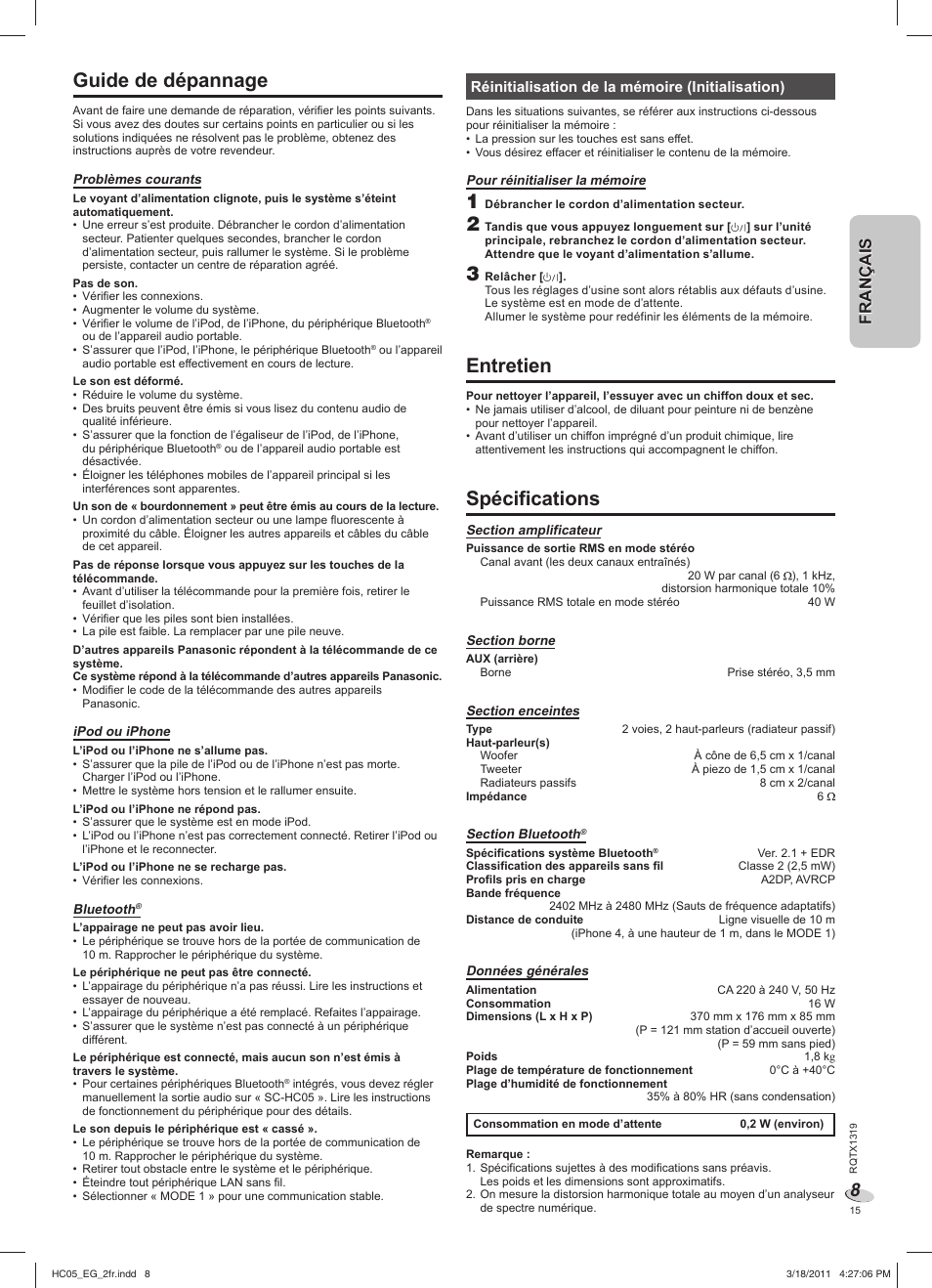 Guide de dépannage, Entretien, Spécifications | English français français, Réinitialisation de la mémoire (initialisation) | Panasonic SCHC05EG User Manual | Page 15 / 52