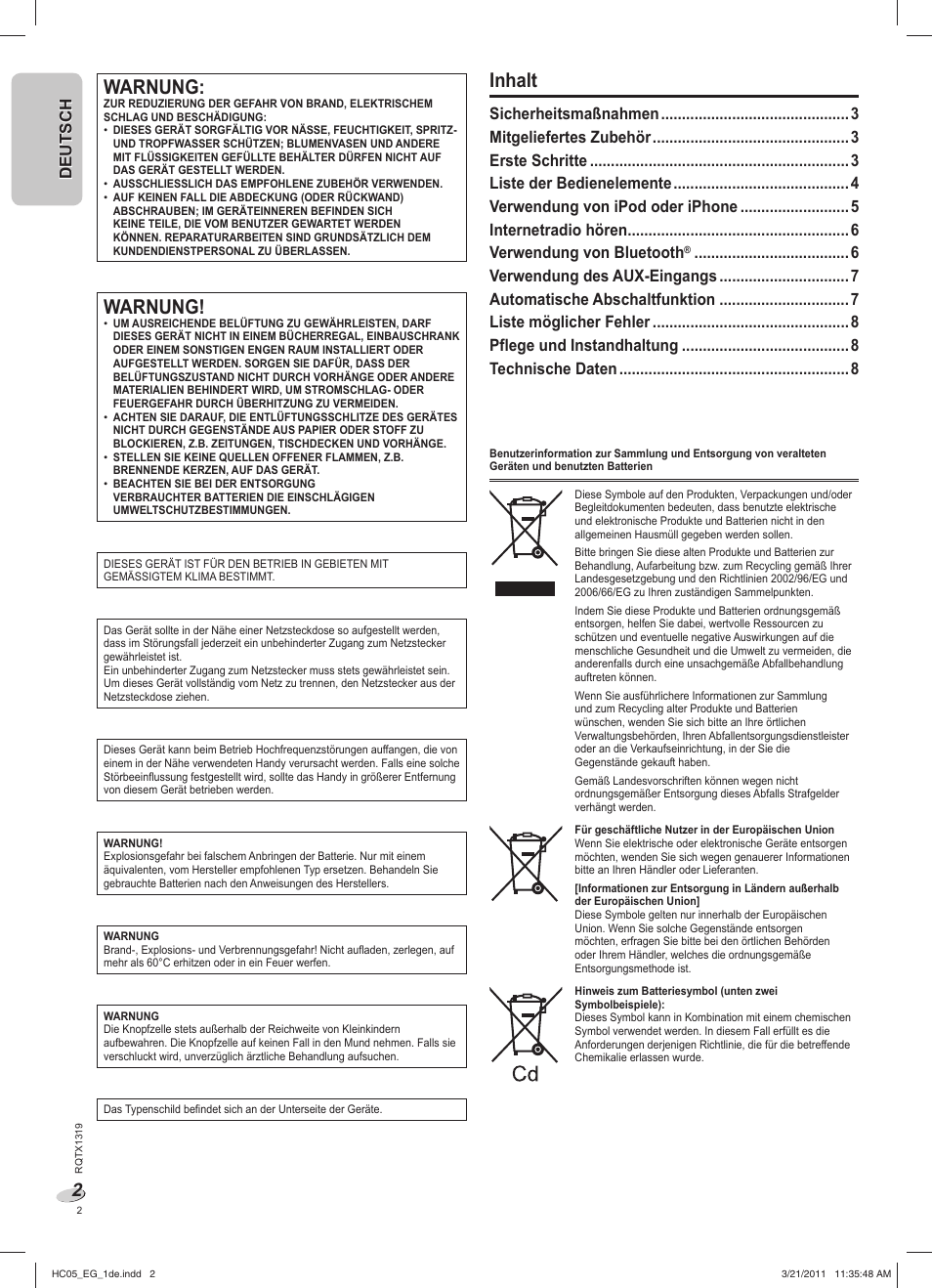 Warnung, Inhalt, Deutsch | Panasonic SCHC05EG User Manual | Page 2 / 52