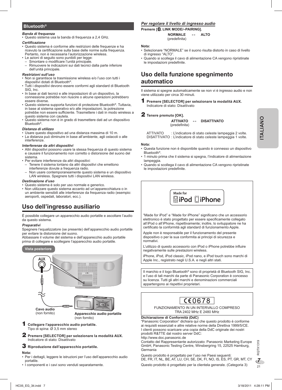 Uso dell’ingresso ausiliario, Uso della funzione spegnimento automatico, It aliano it aliano | Panasonic SCHC05EG User Manual | Page 21 / 52