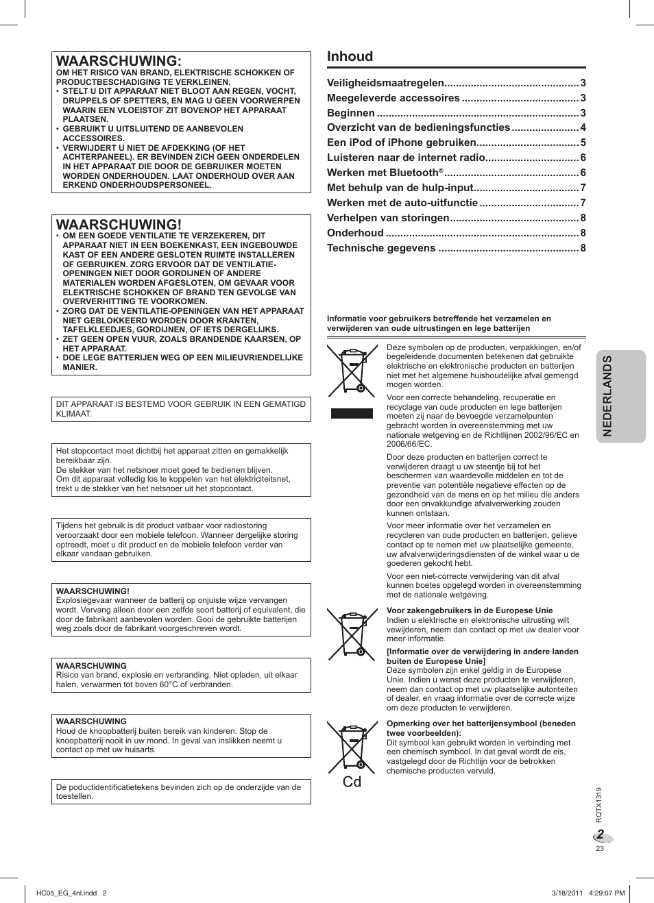Hc05_eg_4nl.pdf, Waarschuwing, Inhoud | Nederlandsnederlands | Panasonic SCHC05EG User Manual | Page 23 / 52