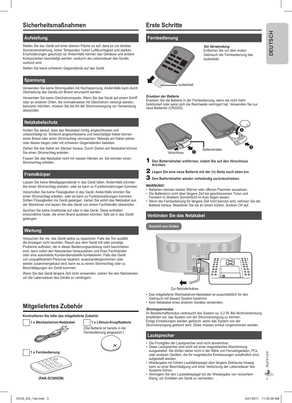 Sicherheitsmaßnahmen, Mitgeliefertes zubehör, Erste schritte | Deutsch | Panasonic SCHC05EG User Manual | Page 3 / 52