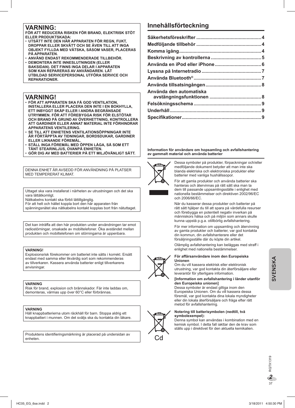 Hc05_eg_6se.pdf, Varning, Innehållsförteckning | Svenskasvenska | Panasonic SCHC05EG User Manual | Page 37 / 52
