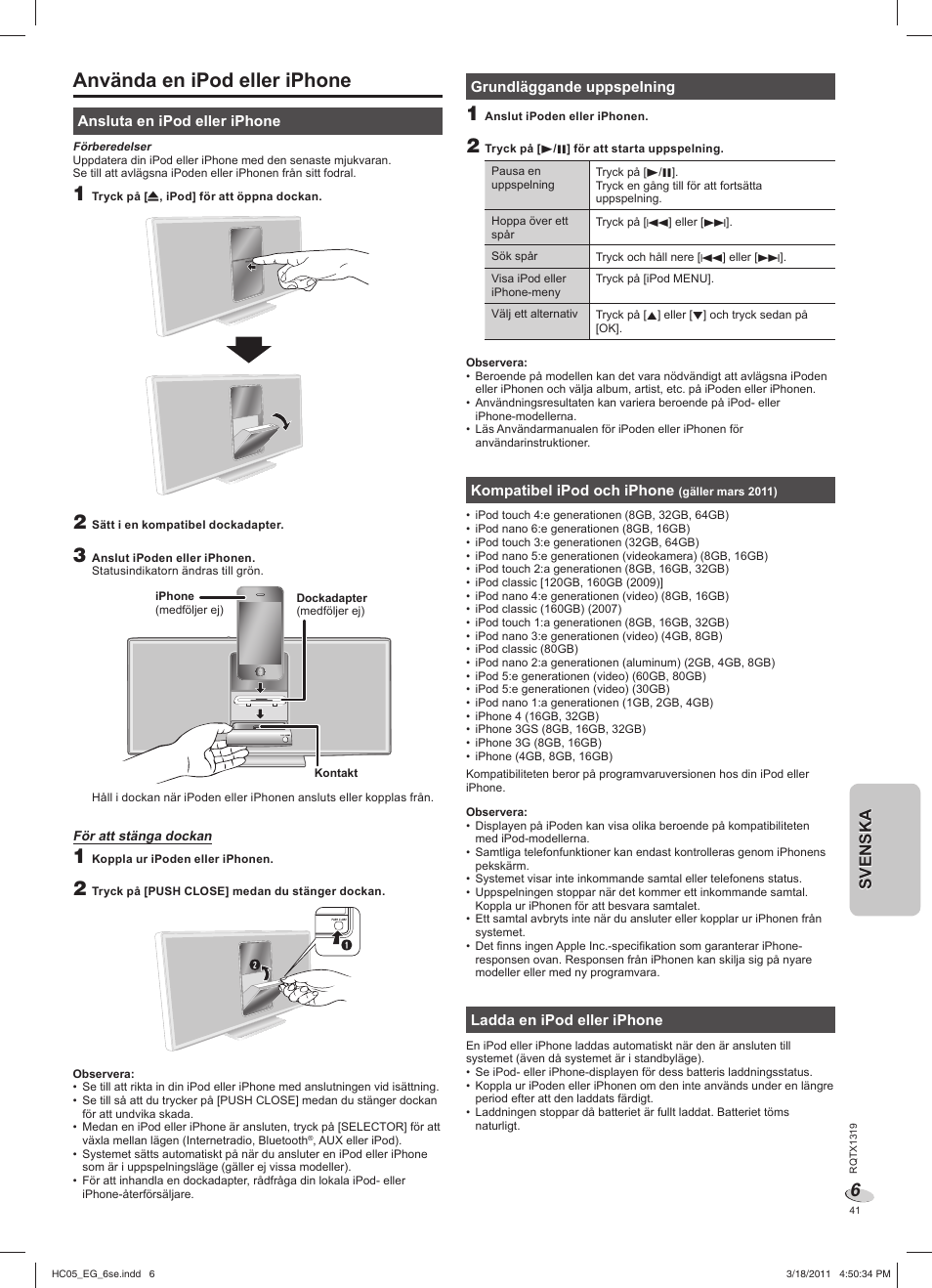 Använda en ipod eller iphone, Svenskasvenska | Panasonic SCHC05EG User Manual | Page 41 / 52
