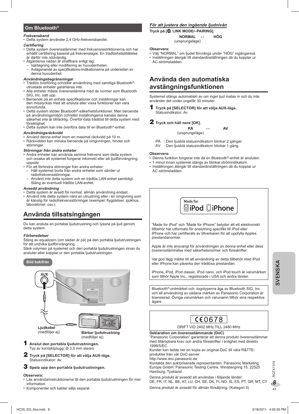 Använda tillsatsingången, Använda den automatiska avstängningsfunktionen, Svenskasvenska | Om bluetooth | Panasonic SCHC05EG User Manual | Page 43 / 52