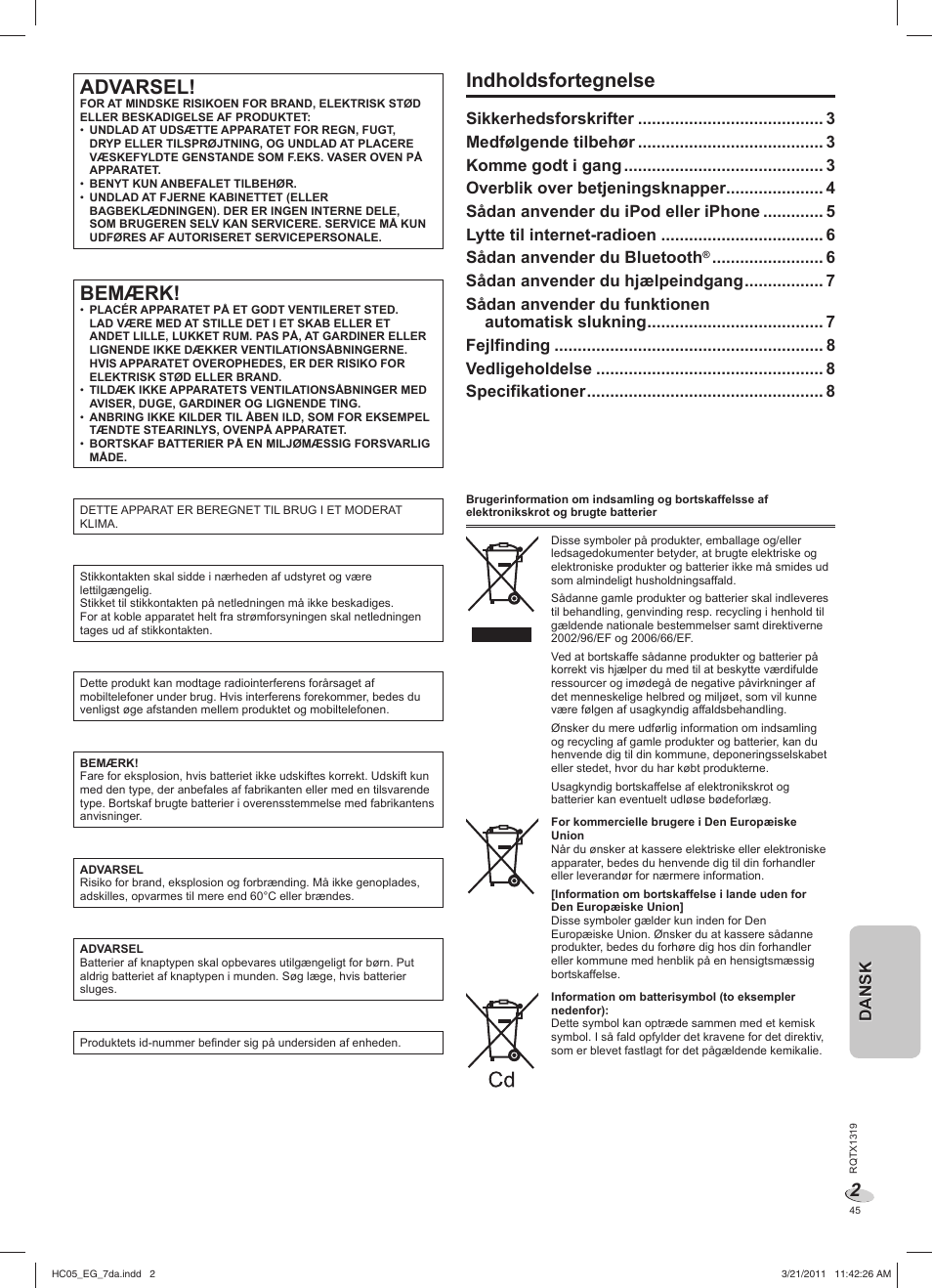 Hc05_eg_7da.pdf, Advarsel, Bemærk | Indholdsfortegnelse, Danskdansk | Panasonic SCHC05EG User Manual | Page 45 / 52