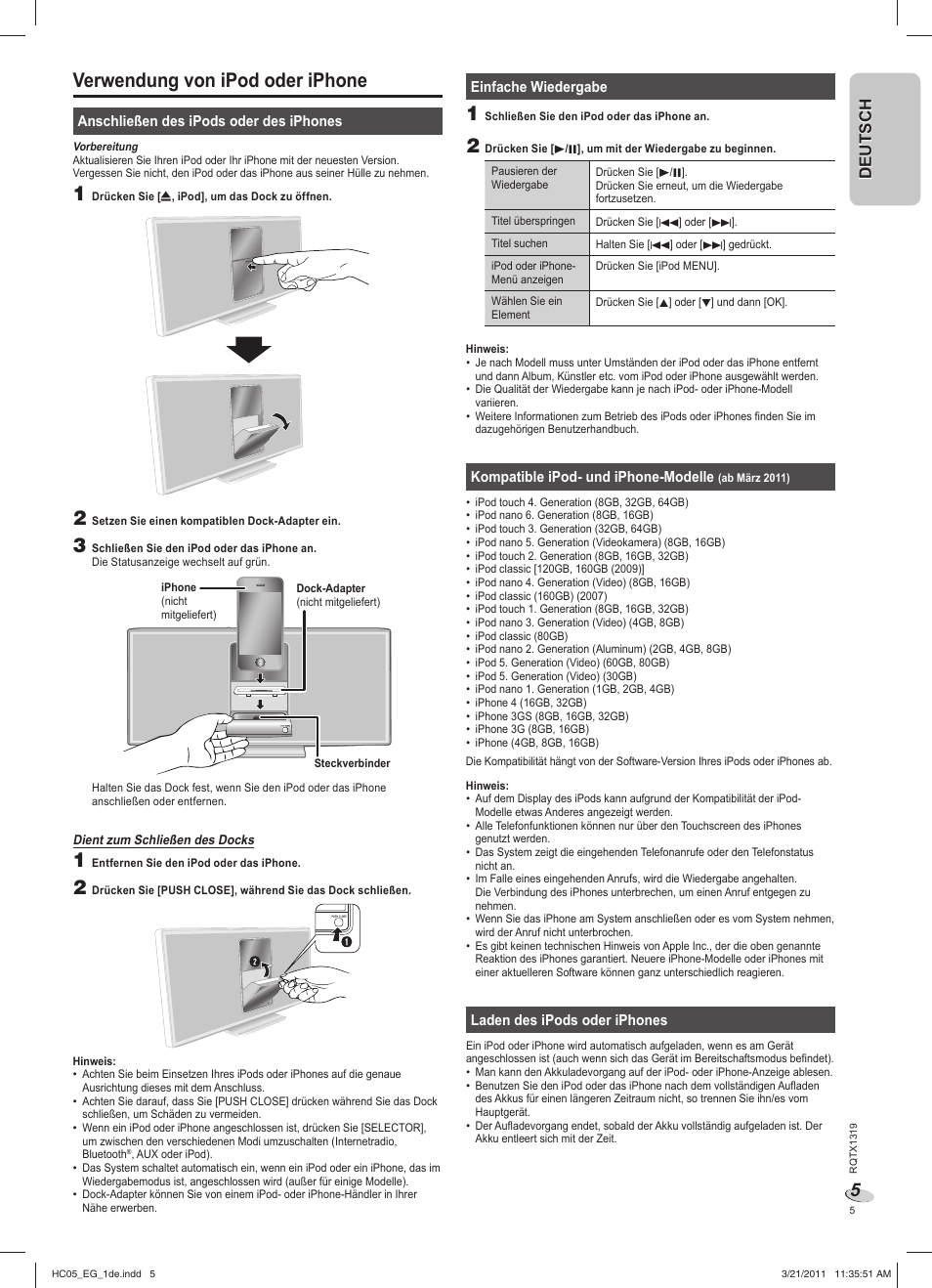 Verwendung von ipod oder iphone, Deutsch | Panasonic SCHC05EG User Manual | Page 5 / 52