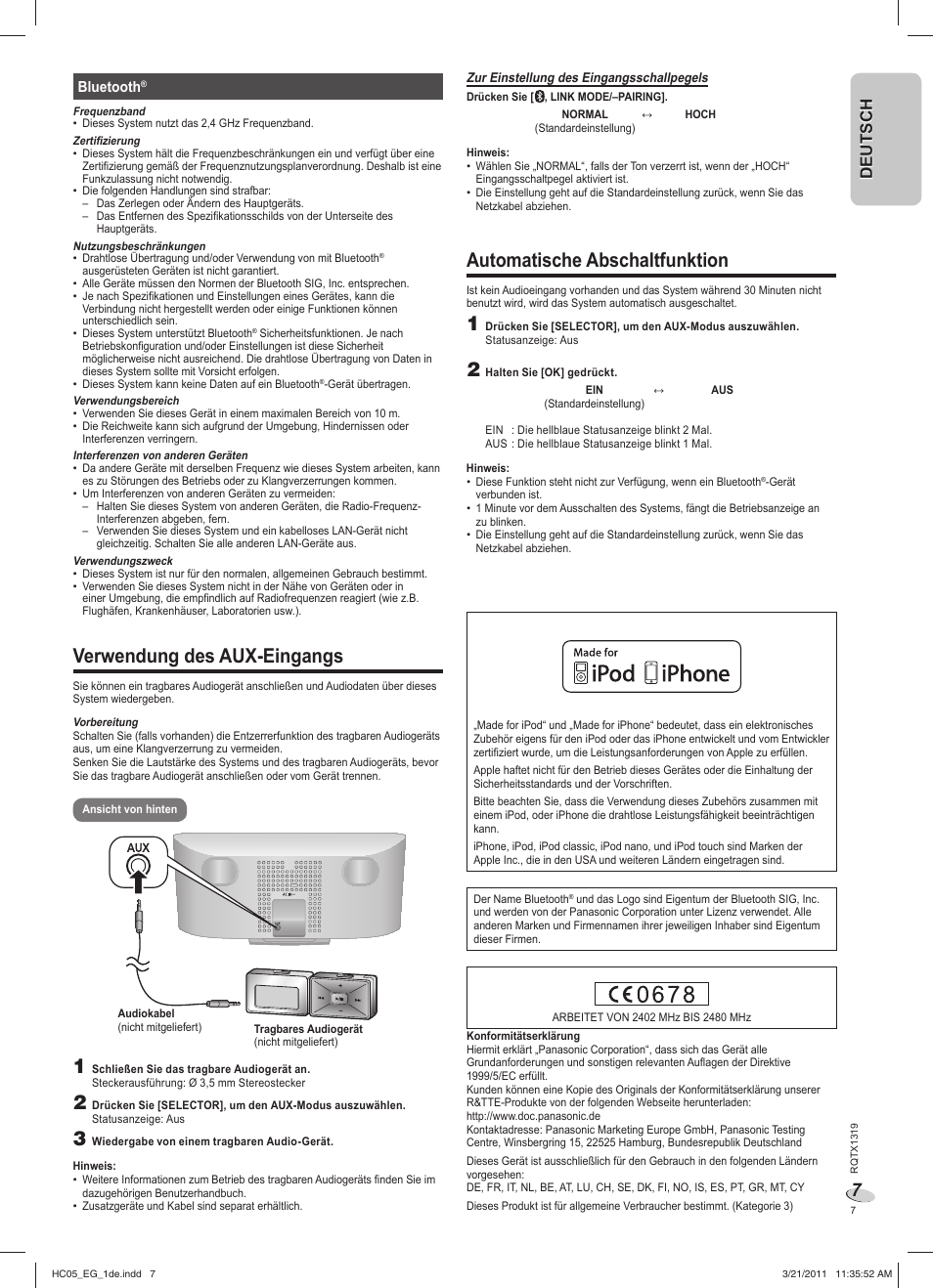 Verwendung des aux-eingangs, Automatische abschaltfunktion, Deutsch | Panasonic SCHC05EG User Manual | Page 7 / 52