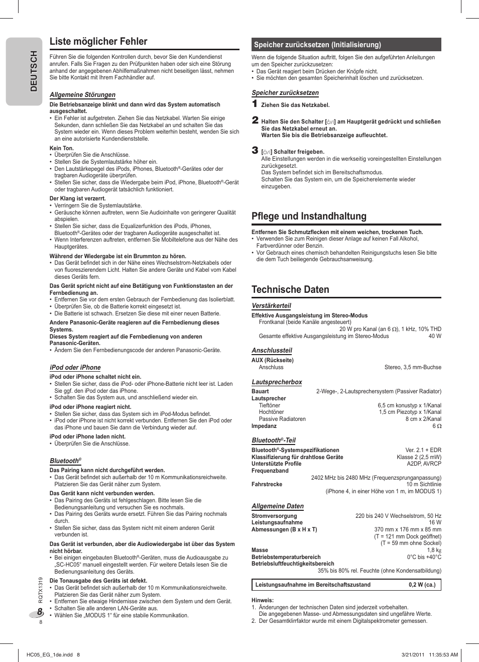 Liste möglicher fehler, Pflege und instandhaltung, Technische daten | Deutsch, Speicher zurücksetzen (initialisierung) | Panasonic SCHC05EG User Manual | Page 8 / 52