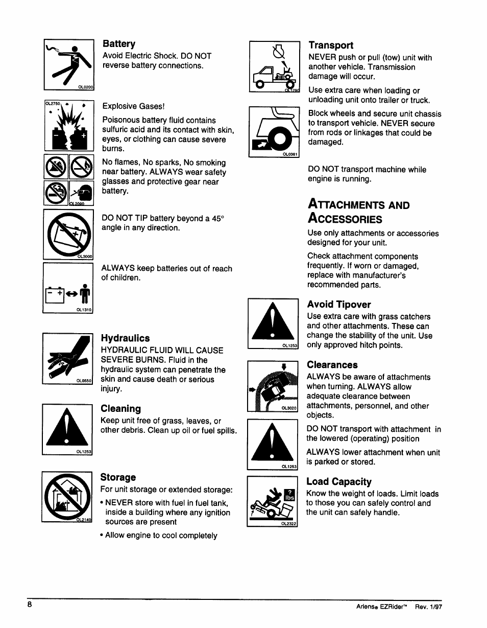 Hydraulics, Cleaning, Storage | Transport, Avoid tipover, Clearances, Load capacity | Ariens 009-1648 User Manual | Page 12 / 28