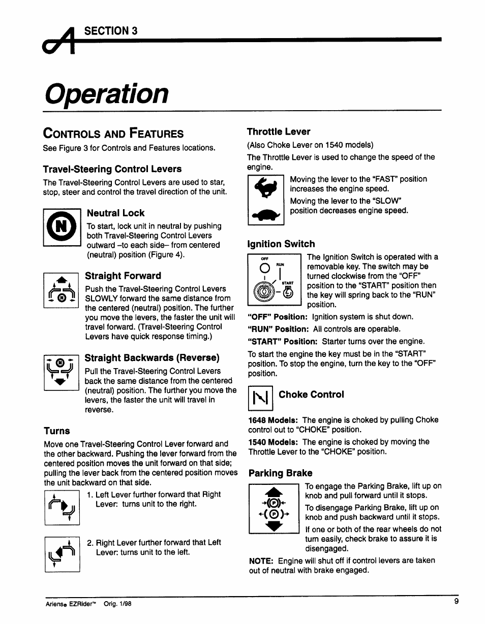 Section 3, Operation, Travel-steering control levers | Neutral lock, Straight forward, Straight backwards (reverse), Turns, Throttle lever, Ignition switch, Choke control | Ariens 009-1648 User Manual | Page 13 / 28