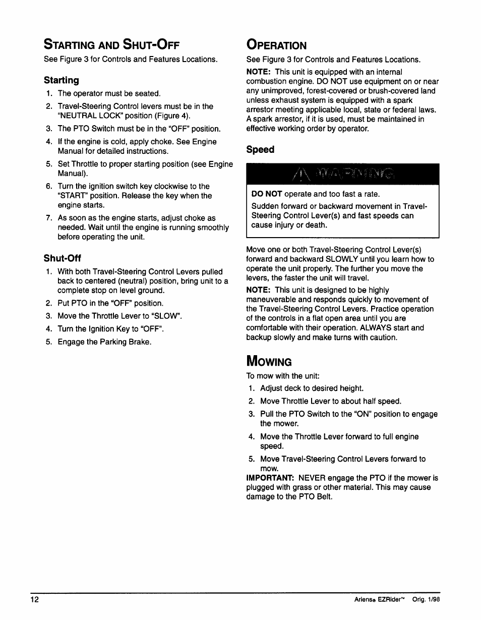 Starting and shut-off, Operation, Mowing | Starting and shut-off operation mowing | Ariens 009-1648 User Manual | Page 16 / 28