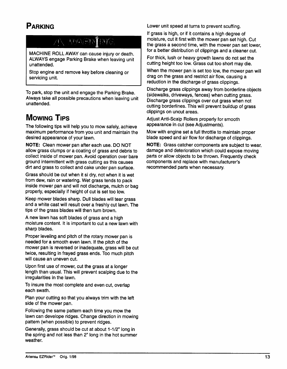 Parking, Mowing tips, Parking mowing tips | Ariens 009-1648 User Manual | Page 17 / 28