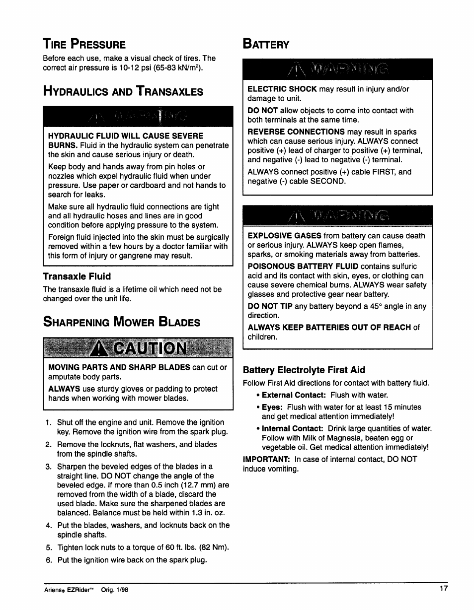 Tire pressure, Hydraulics and transaxles, Battery electrolyte first aid | Acaution | Ariens 009-1648 User Manual | Page 21 / 28