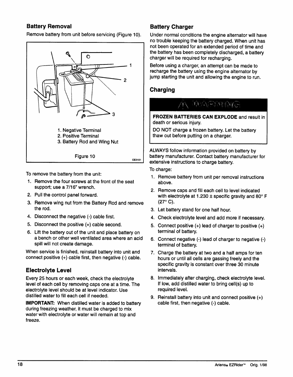 Battery removal, Charging, Electrolyte level | Ariens 009-1648 User Manual | Page 22 / 28