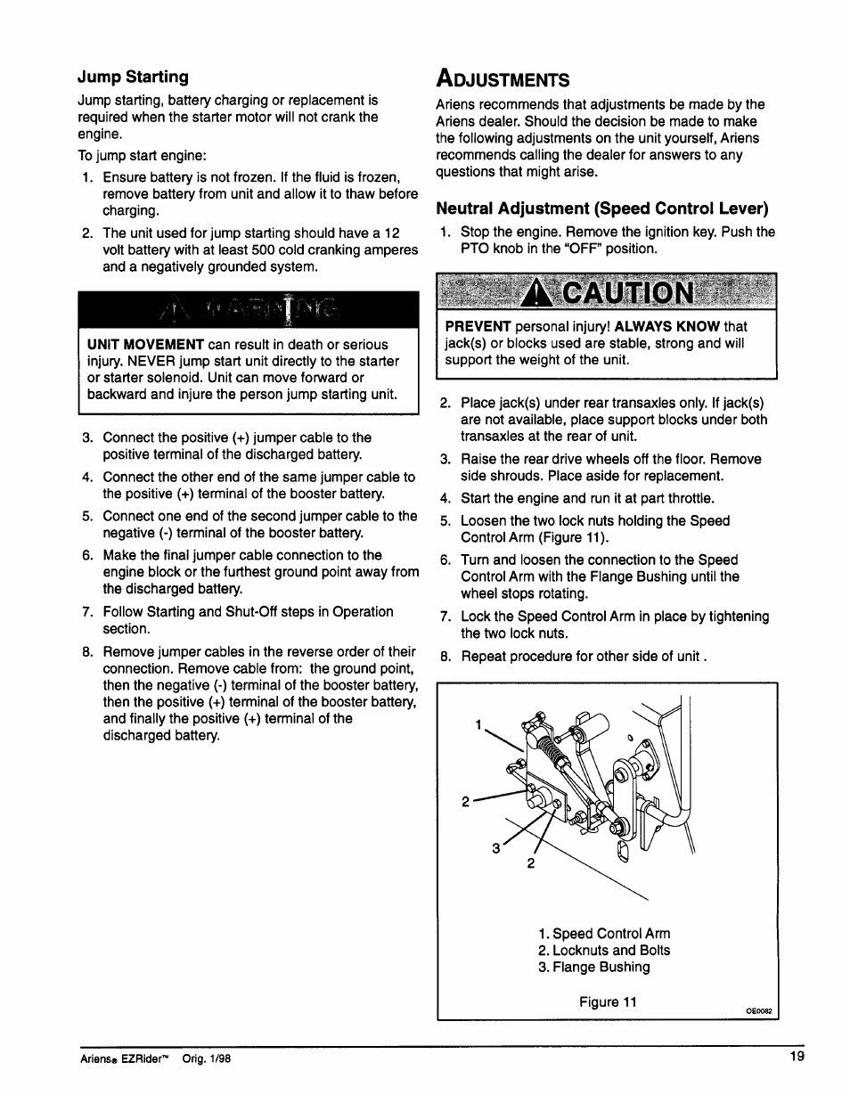 Jump starting, Adjustments, Neutral adjustment (speed control lever) | Caution | Ariens 009-1648 User Manual | Page 23 / 28