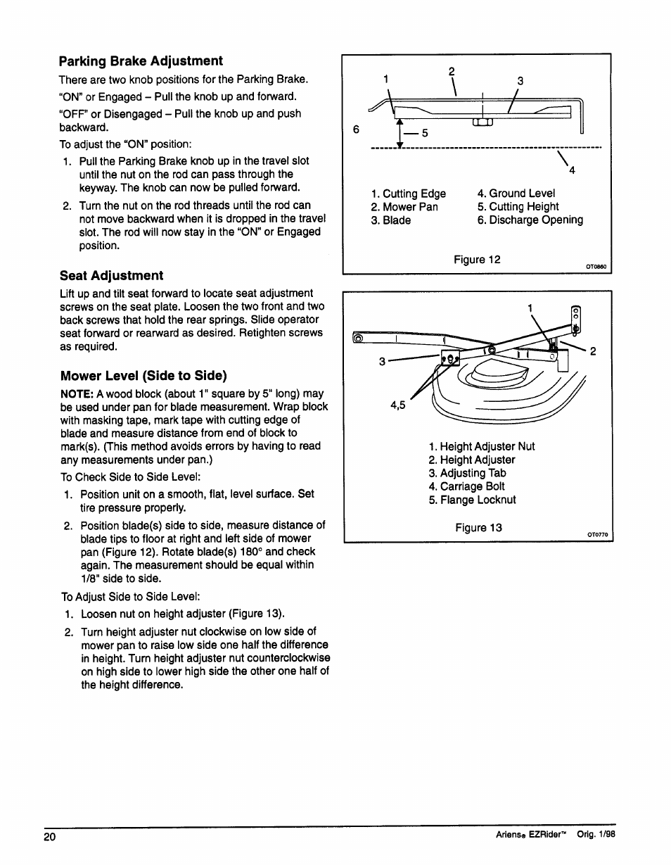 Parking brake adjustment, Seat adjustment, Mower level (side to side) | Ariens 009-1648 User Manual | Page 24 / 28