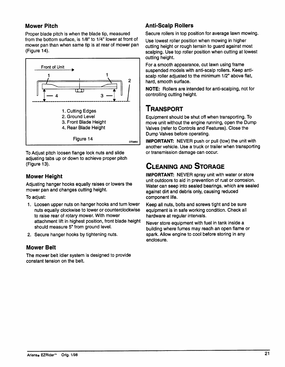 Mower pitch, Mower height, Mower belt | Anti-scalp rollers, Transport, Cleaning and storage, Transport cleaning and storage | Ariens 009-1648 User Manual | Page 25 / 28