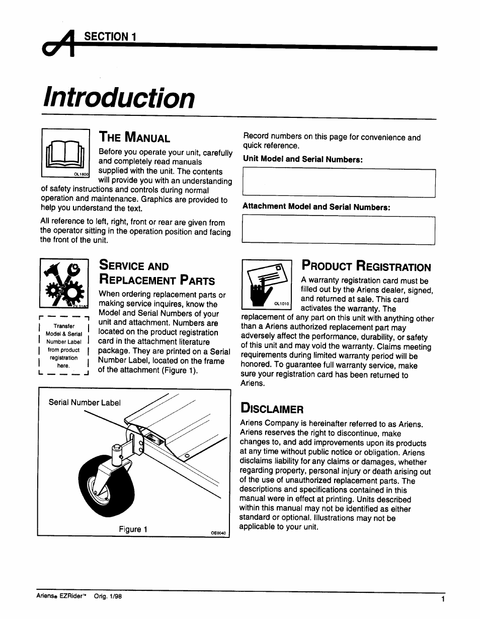 Introduction, The manual, Product registration | Disclaimer | Ariens 009-1648 User Manual | Page 5 / 28