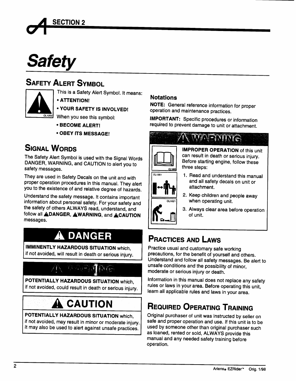 Safety, Safety alert symbol, Signal words | Practices and laws, Required operating training, Danger, A caution | Ariens 009-1648 User Manual | Page 6 / 28