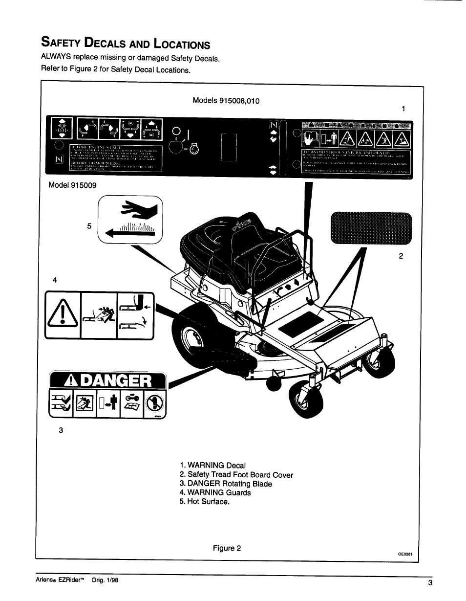 Safety decals and locations, R adanger | Ariens 009-1648 User Manual | Page 7 / 28