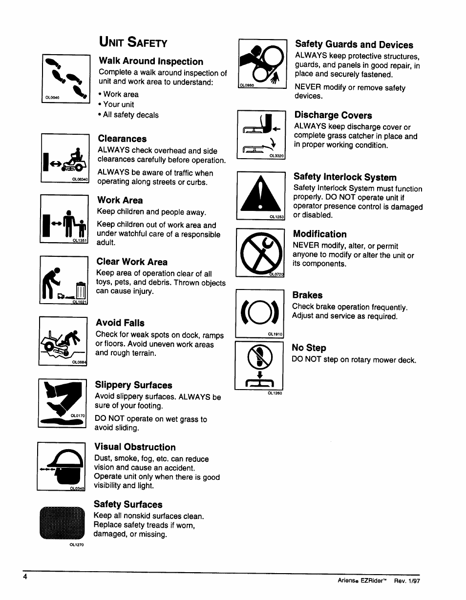 Unit safety, Walk around inspection, Clearances | Work area, Clear work area, Avoid falls, Slippery surfaces, Visual obstruction, Safety surfaces, Safety guards and devices | Ariens 009-1648 User Manual | Page 8 / 28