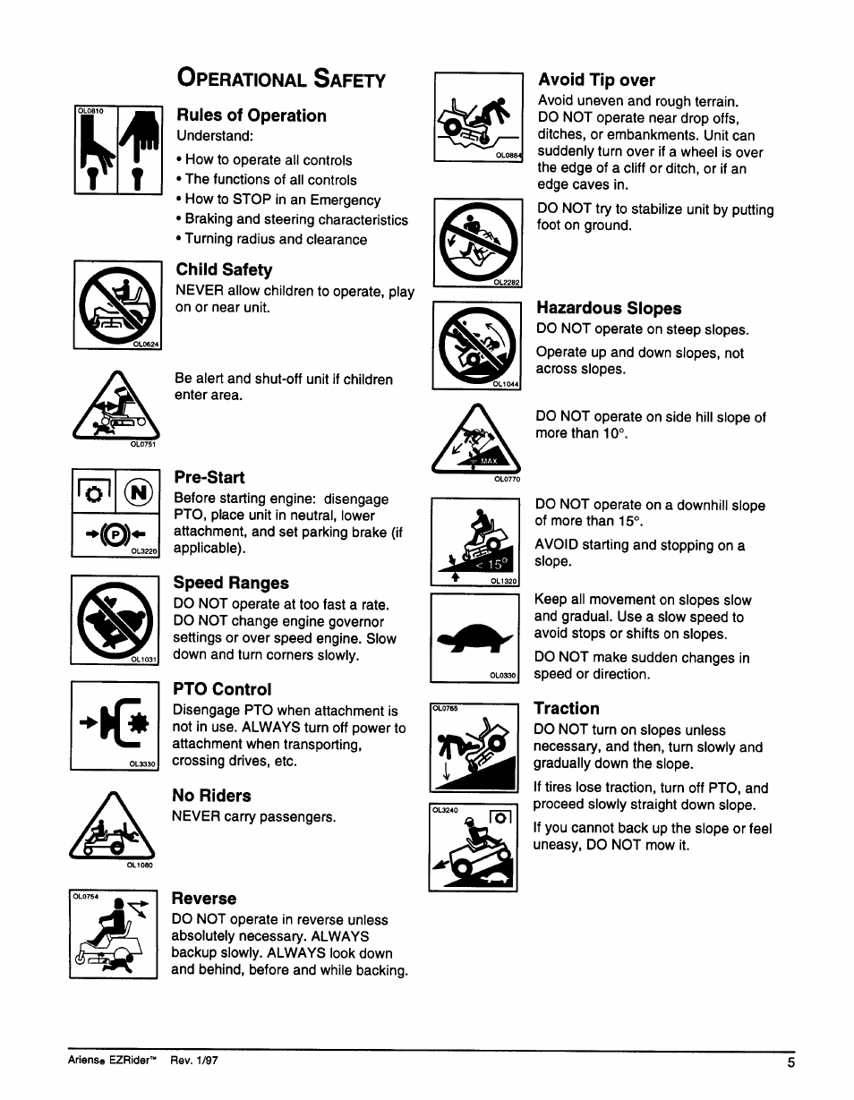 Operational safety, Rules of operation, Child safety | Pre-start, Speed ranges, Pto control, No riders, Reverse, Avoid tip over, Traction | Ariens 009-1648 User Manual | Page 9 / 28