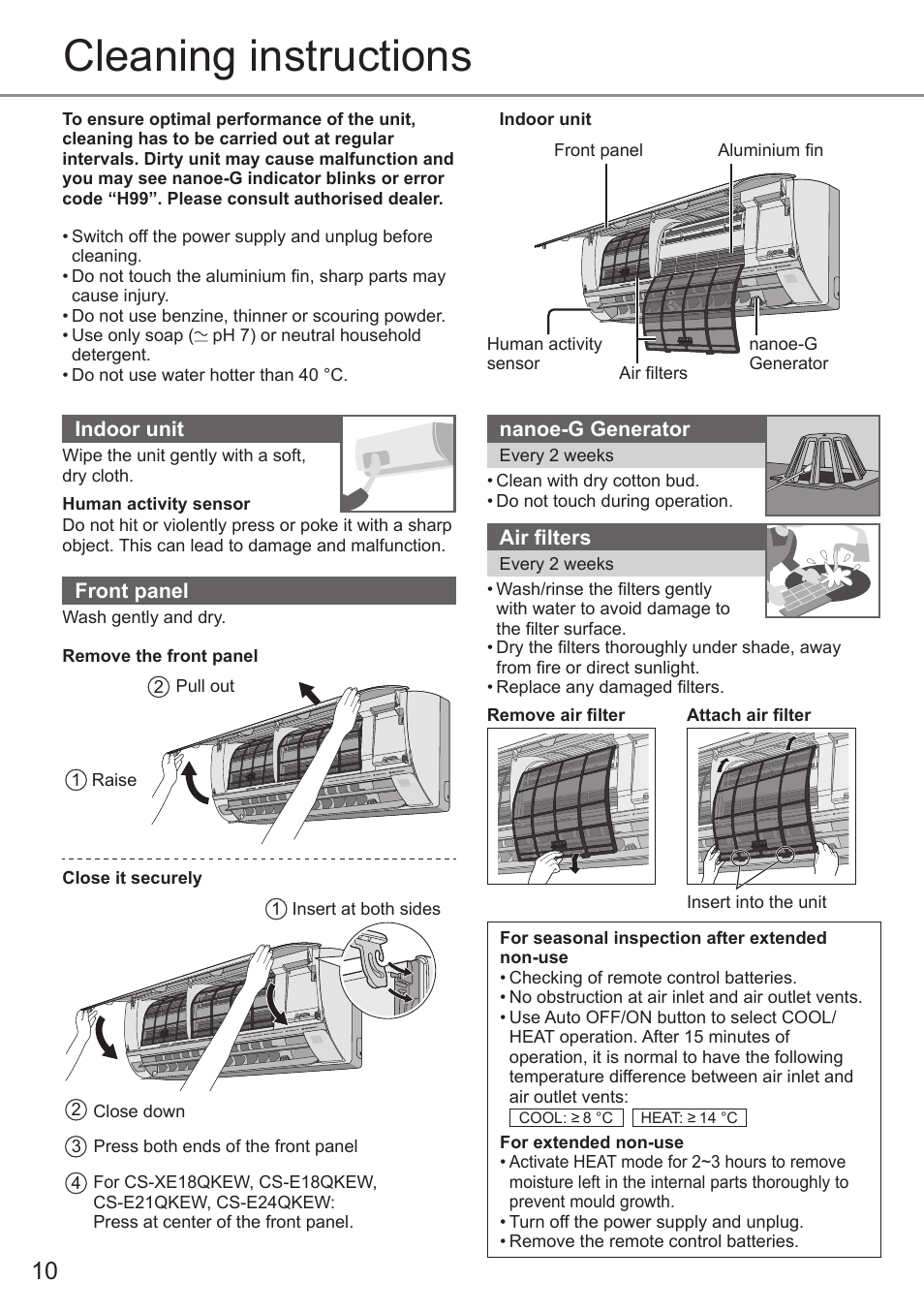 Cleaning instructions | Panasonic CUE12QKE User Manual | Page 10 / 64