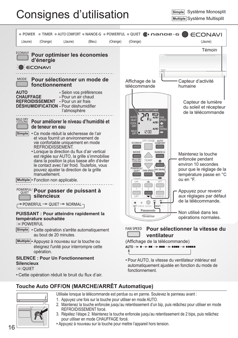 Consignes d’utilisation, Pour sélectionner la vitesse du ventilateur, Pour optimiser les économies d’énergie | Pour sélectionner un mode de fonctionnement, Pour passer de puissant à silencieux, Touche auto off/on (marche/arrêt automatique), Affi chage de la télécommande témoin | Panasonic CUE12QKE User Manual | Page 16 / 64