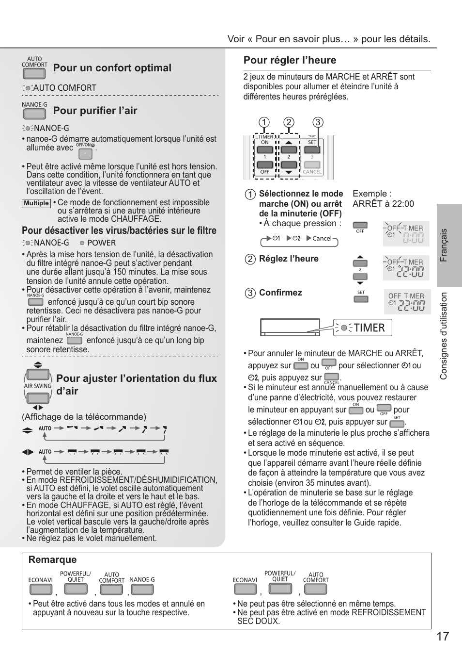 Pour régler l’heure, Pour un confort optimal, Pour purifi er l’air | Pour désactiver les virus/bactéries sur le fi ltre, Pour ajuster l’orientation du fl ux d’air, Remarque, Timer, Voir « pour en savoir plus… » pour les détails | Panasonic CUE12QKE User Manual | Page 17 / 64