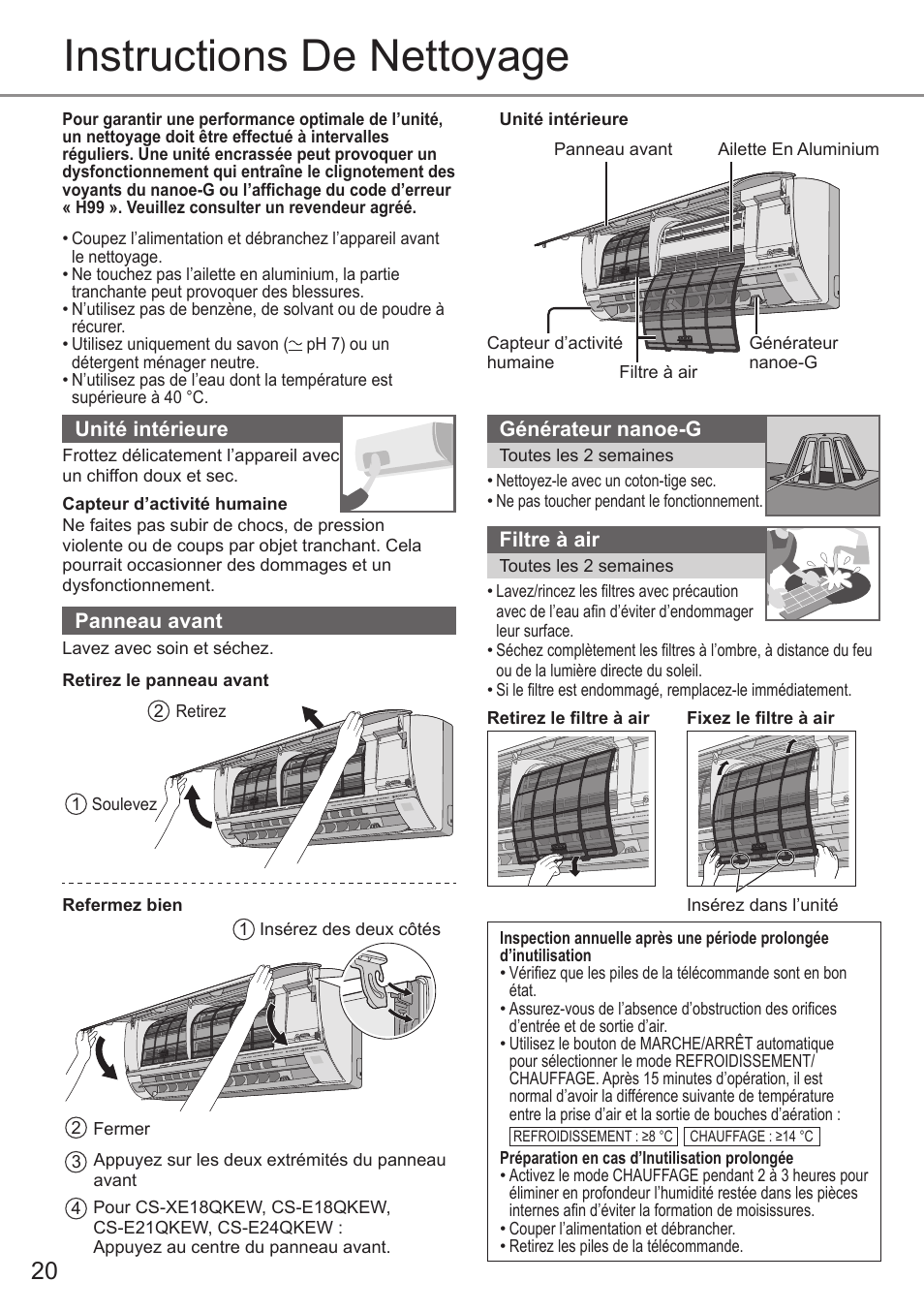 Instructions de nettoyage | Panasonic CUE12QKE User Manual | Page 20 / 64