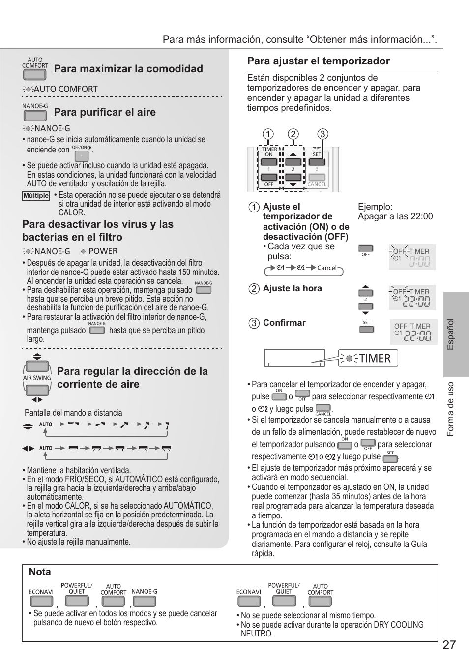 Para ajustar el temporizador, Para maximizar la comodidad, Para purifi car el aire | Para regular la dirección de la corriente de aire, Nota, Timer | Panasonic CUE12QKE User Manual | Page 27 / 64