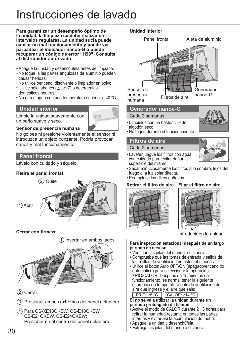 Instrucciones de lavado | Panasonic CUE12QKE User Manual | Page 30 / 64