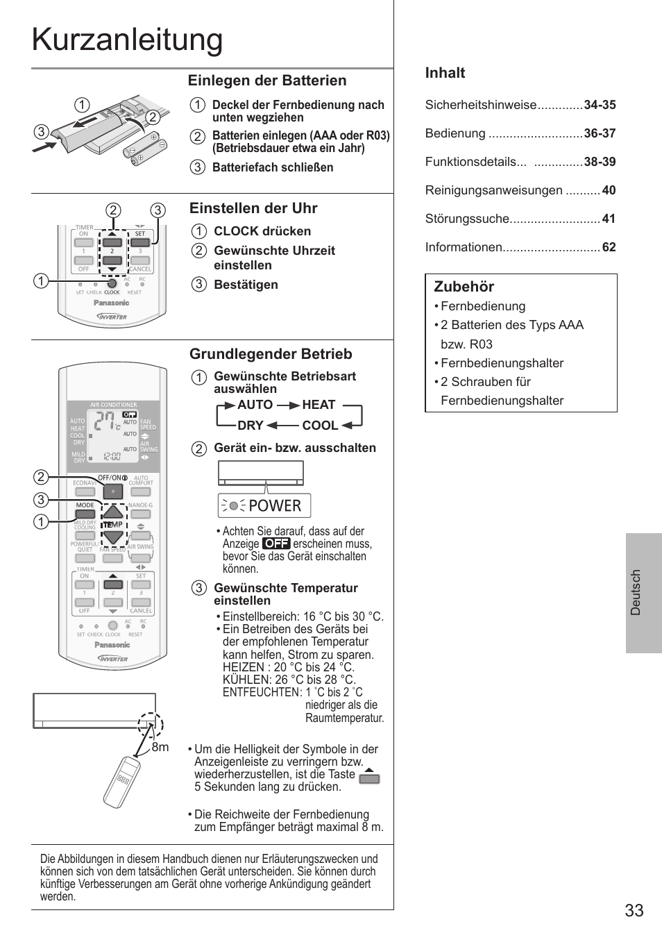 Kurzanleitung, Inhalt, Zubehör | Einlegen der batterien, Einstellen der uhr, Grundlegender betrieb, Power, Deutsch | Panasonic CUE12QKE User Manual | Page 33 / 64