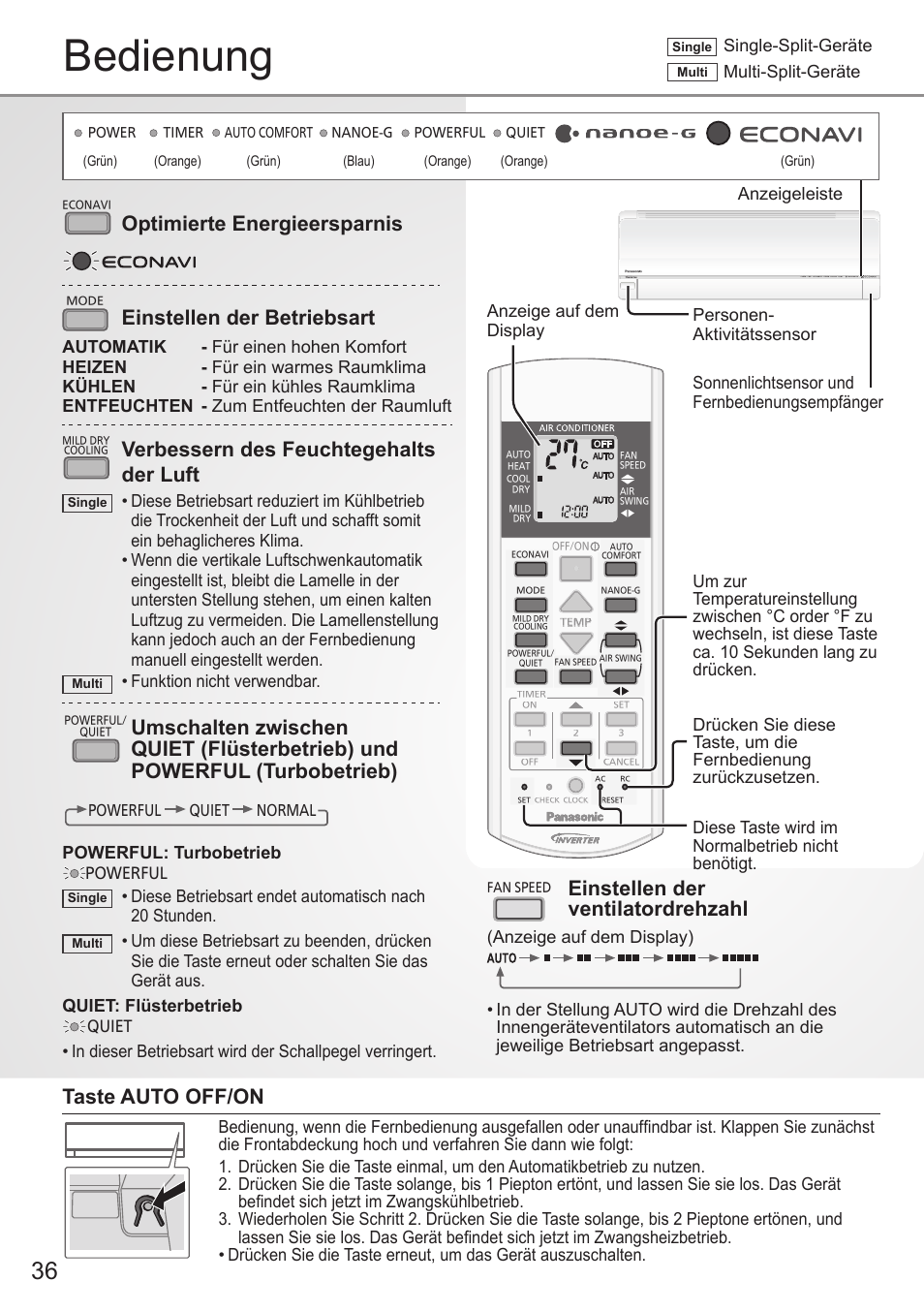 Bedienung, Einstellen der ventilatordrehzahl, Optimierte energieersparnis | Einstellen der betriebsart, Verbessern des feuchtegehalts der luft, Taste auto off/on, Anzeige auf dem display anzeigeleiste, Funktion nicht verwendbar, Powerful: turbobetrieb | Panasonic CUE12QKE User Manual | Page 36 / 64