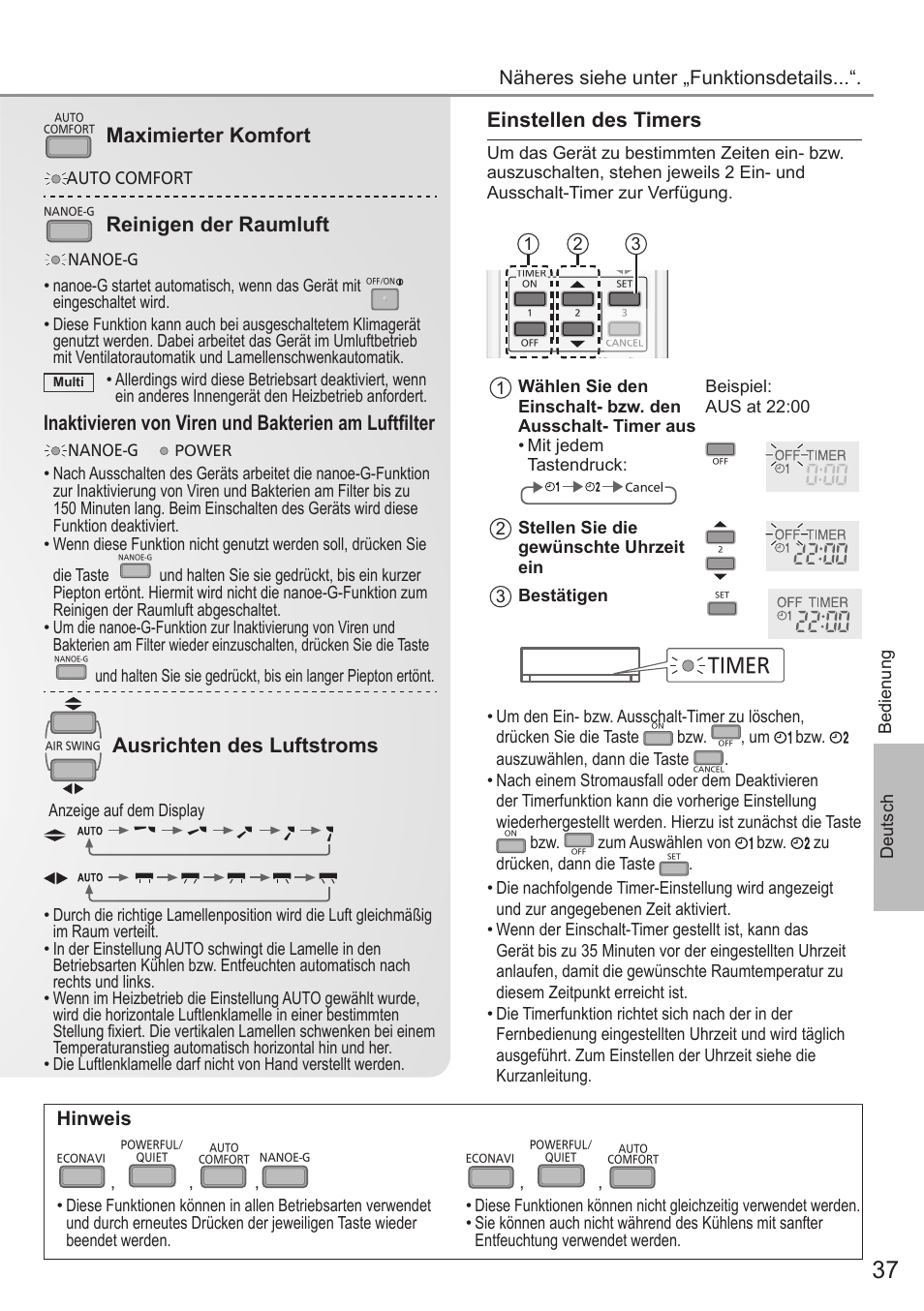 Einstellen des timers, Maximierter komfort, Reinigen der raumluft | Ausrichten des luftstroms, Hinweis, Timer, Näheres siehe unter „funktionsdetails | Panasonic CUE12QKE User Manual | Page 37 / 64
