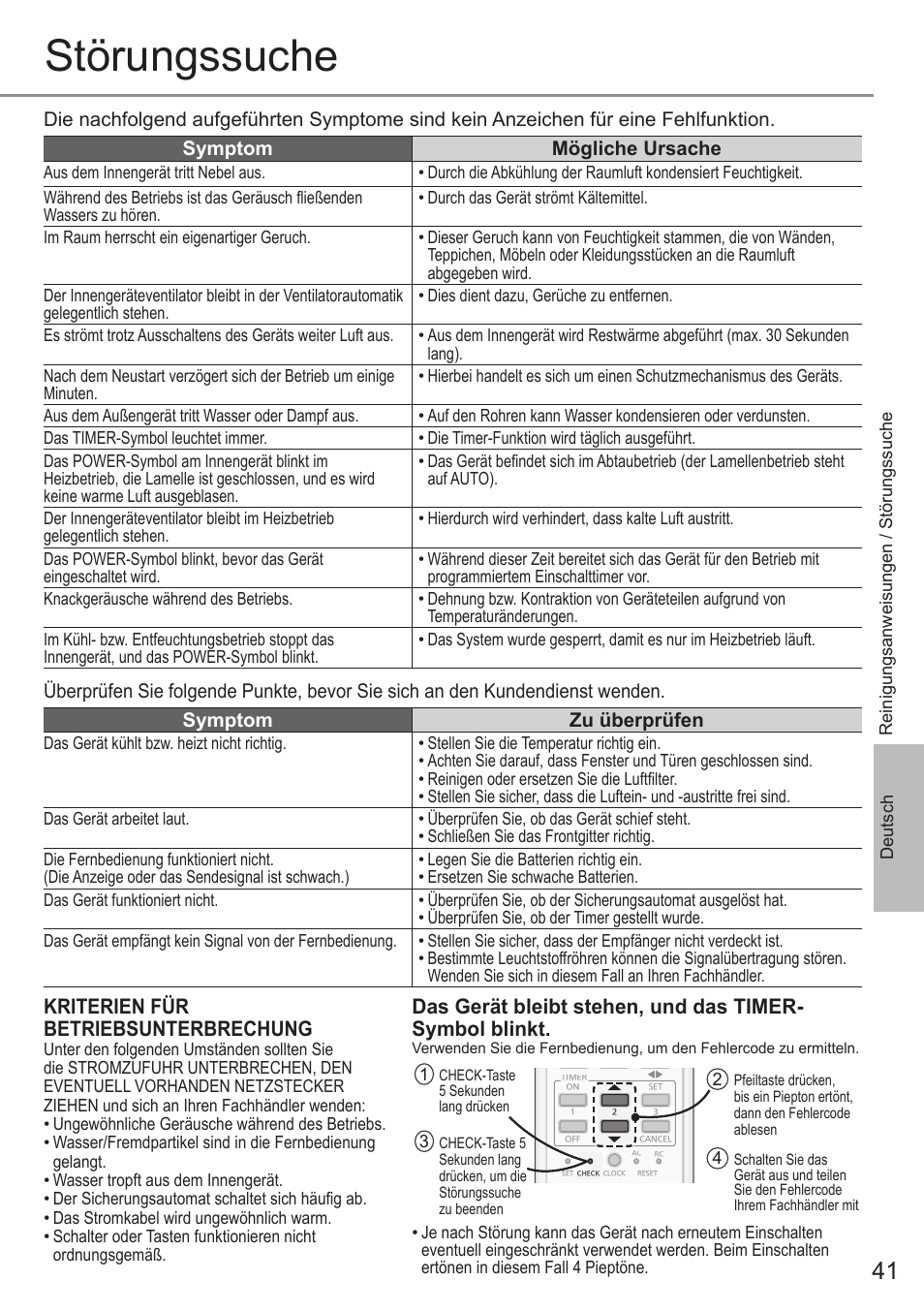 Störungssuche, Kriterien für betriebsunterbrechung | Panasonic CUE12QKE User Manual | Page 41 / 64