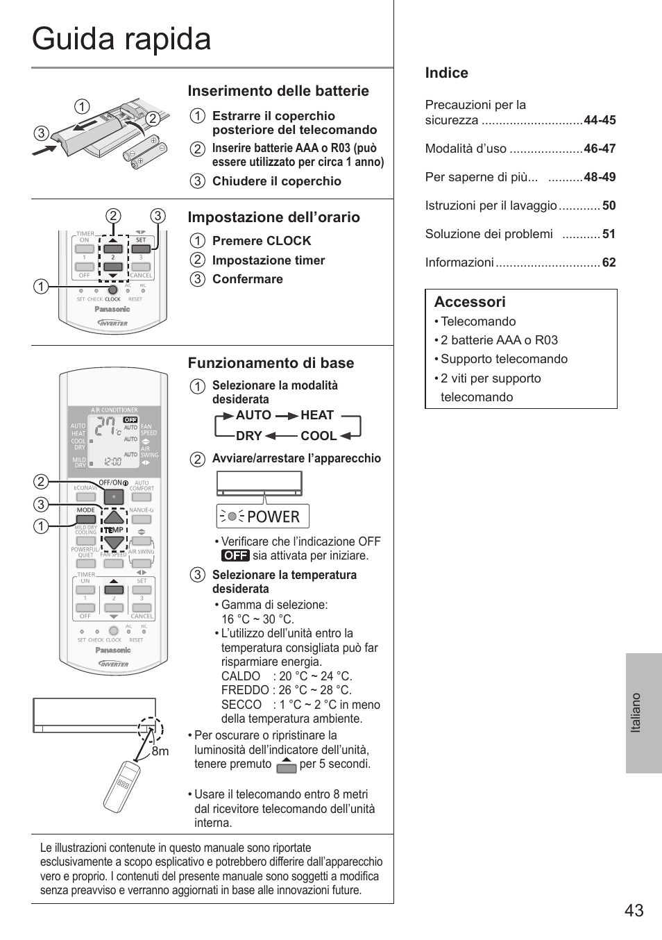 Guida rapida, Indice, Accessori | Inserimento delle batterie, Impostazione dell’orario, Funzionamento di base, Power, Italiano, 1 premere clock 2 impostazione timer 3 confermare | Panasonic CUE12QKE User Manual | Page 43 / 64