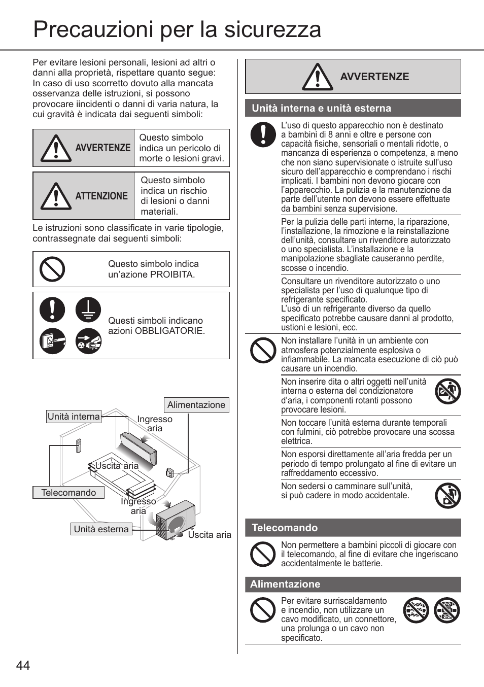 Precauzioni per la sicurezza | Panasonic CUE12QKE User Manual | Page 44 / 64