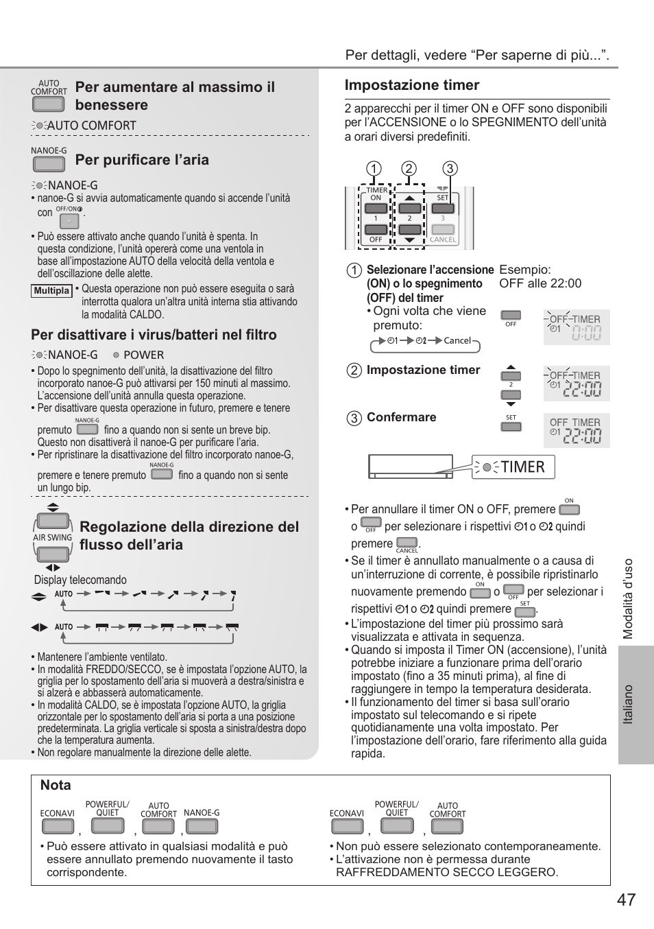 Impostazione timer, Per aumentare al massimo il benessere, Per purifi care l’aria | Per disattivare i virus/batteri nel fi ltro, Regolazione della direzione del fl usso dell’aria, Nota, Timer, Per dettagli, vedere “per saperne di più | Panasonic CUE12QKE User Manual | Page 47 / 64