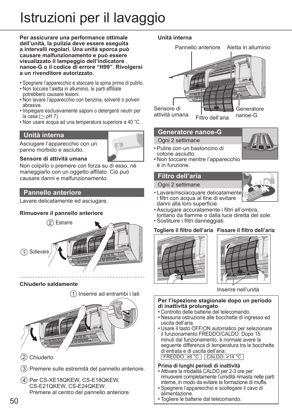 Istruzioni per il lavaggio | Panasonic CUE12QKE User Manual | Page 50 / 64