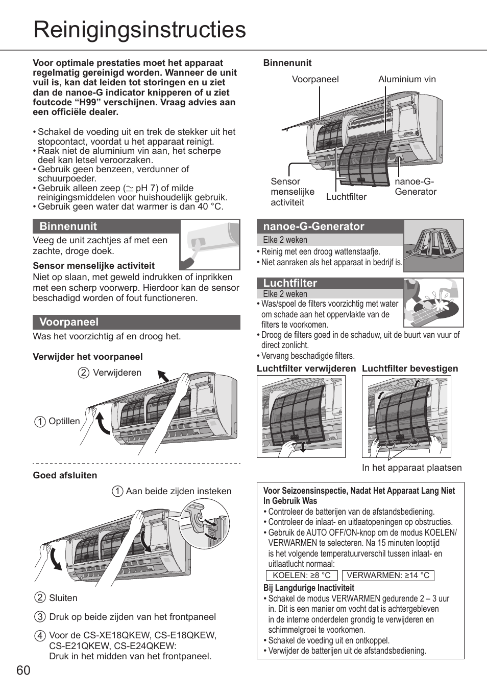 Reinigingsinstructies | Panasonic CUE12QKE User Manual | Page 60 / 64