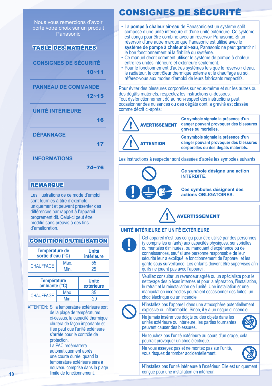 Consignes de sécurité | Panasonic WHSXF12D9E8 User Manual | Page 10 / 76