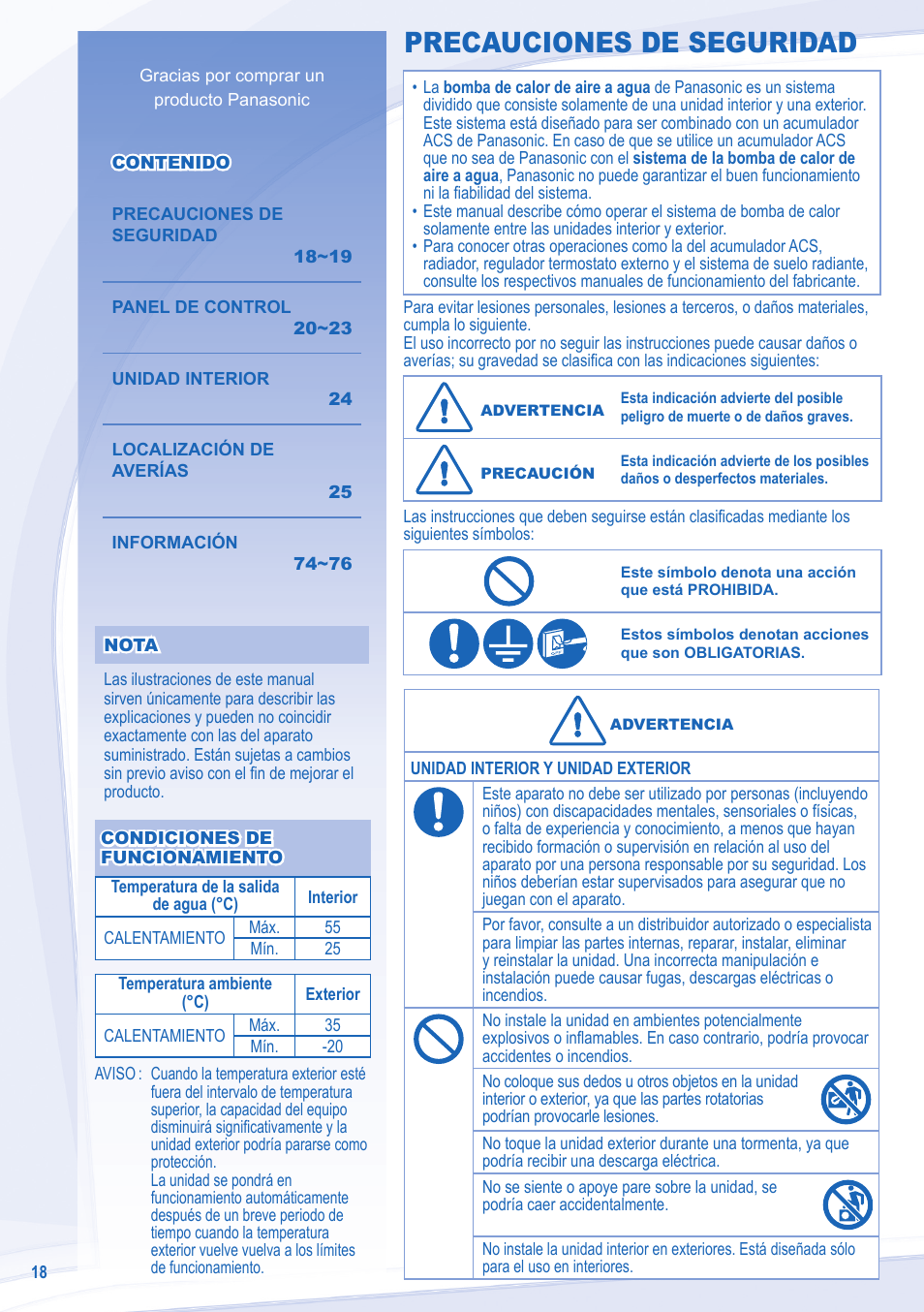 Precauciones de seguridad | Panasonic WHSXF12D9E8 User Manual | Page 18 / 76