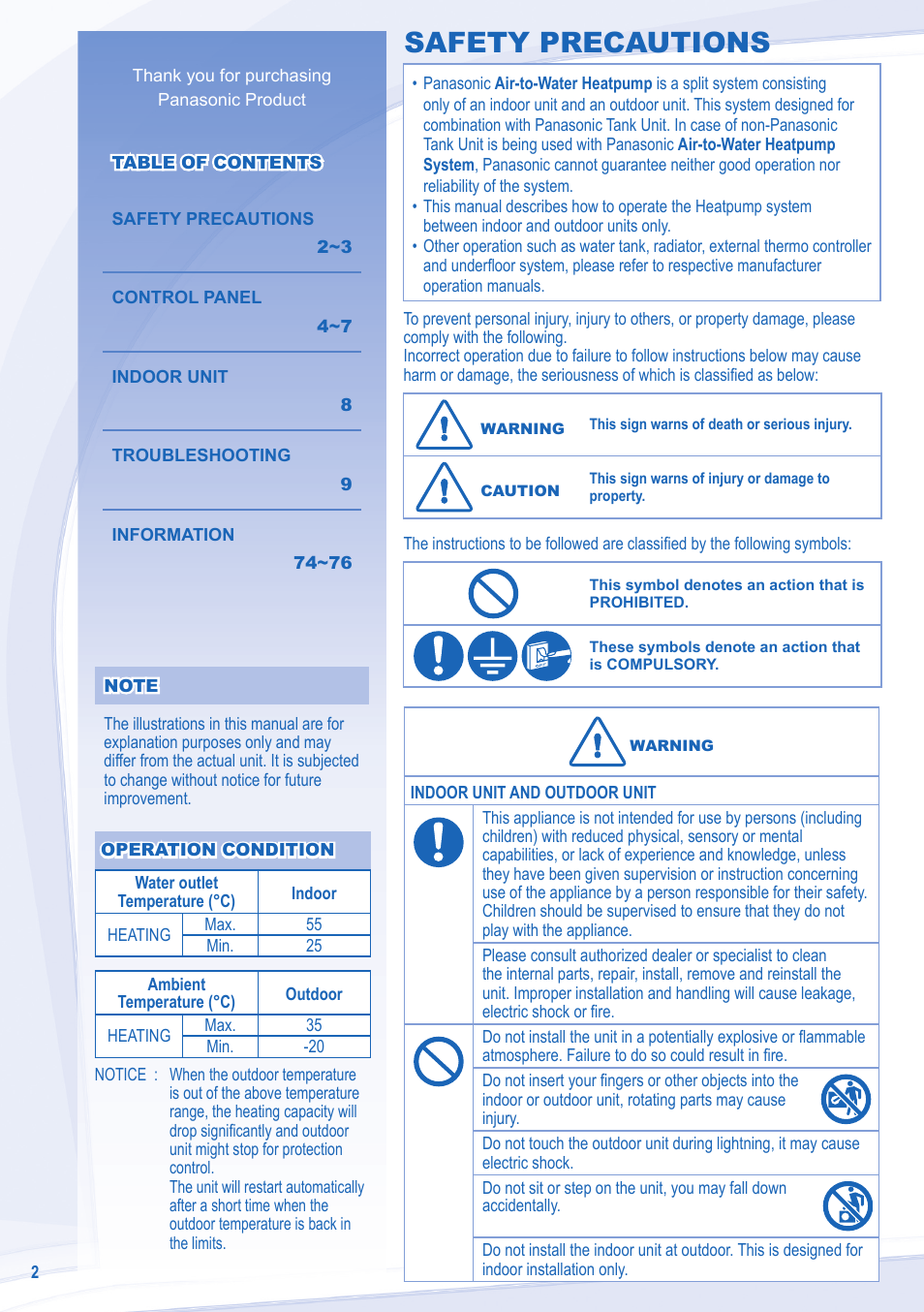 Safety precautions | Panasonic WHSXF12D9E8 User Manual | Page 2 / 76