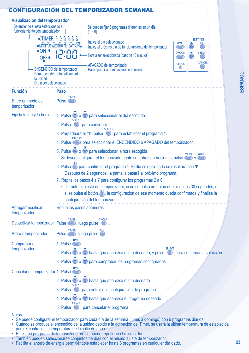 Esp añol, Configuración del temporizador semanal | Panasonic WHSXF12D9E8 User Manual | Page 23 / 76