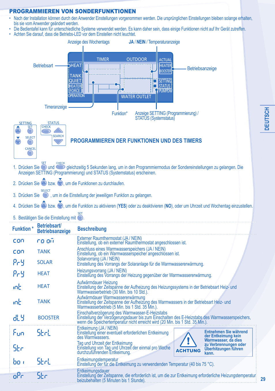 Deutsch, Programmieren von sonderfunktionen, Programmieren der funktionen und des timers | Panasonic WHSXF12D9E8 User Manual | Page 29 / 76