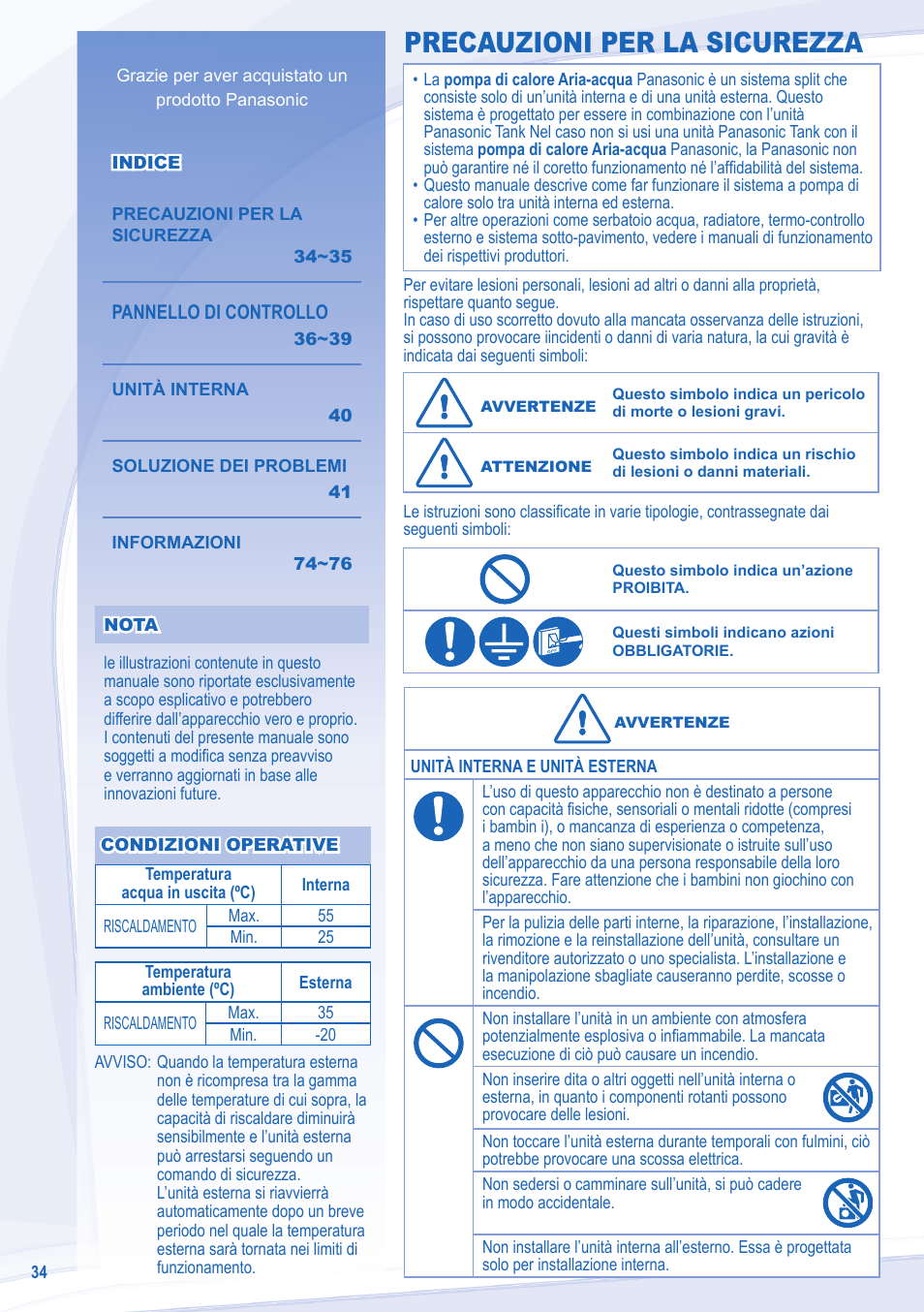 Precauzioni per la sicurezza | Panasonic WHSXF12D9E8 User Manual | Page 34 / 76