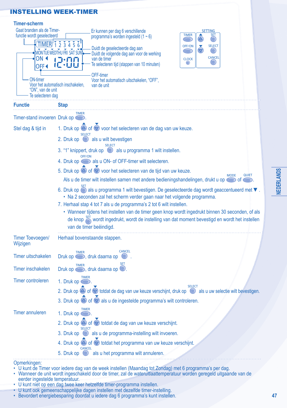 Nederlands, Instelling week-timer | Panasonic WHSXF12D9E8 User Manual | Page 47 / 76