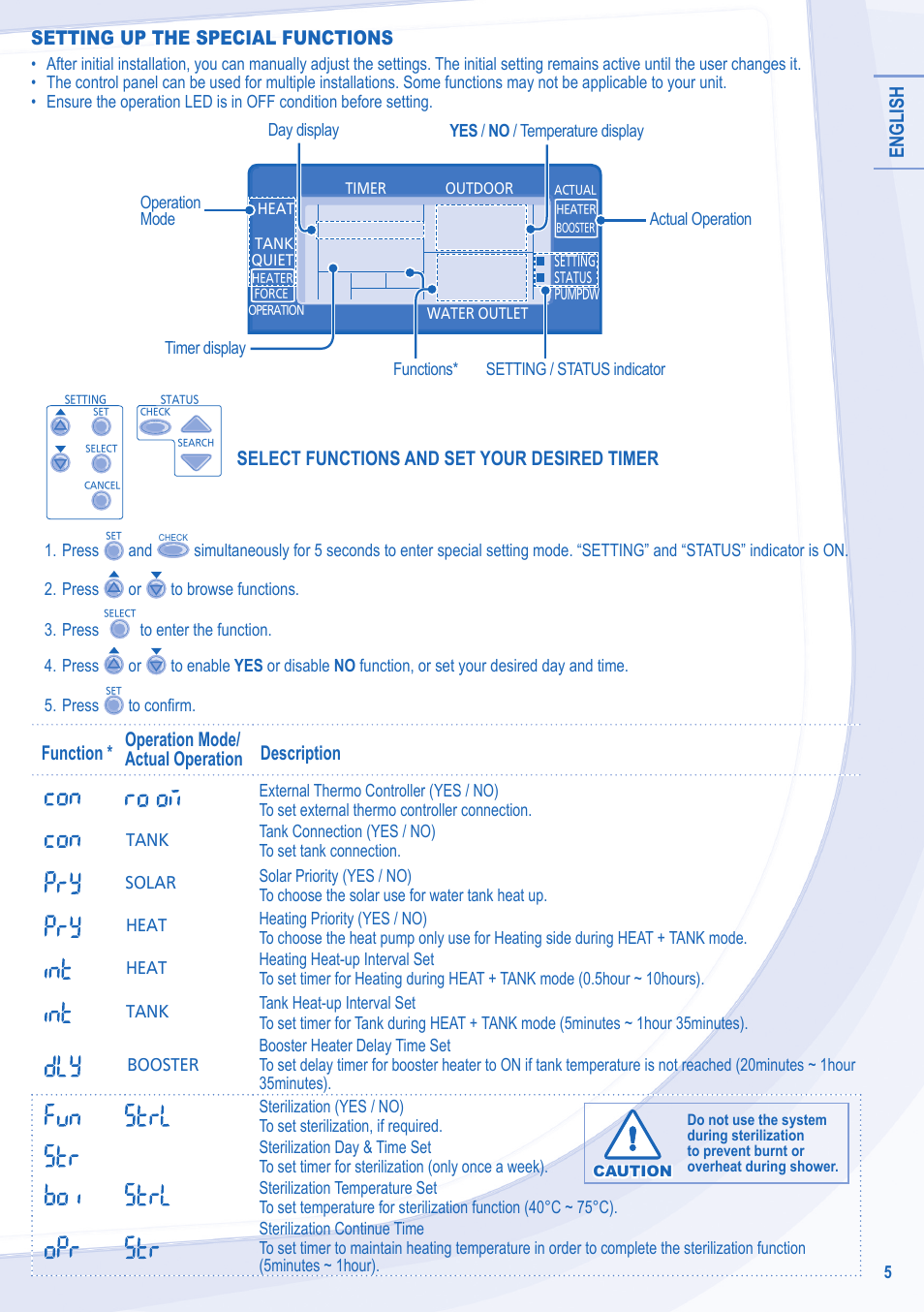 English, Setting up the special functions, Select functions and set your desired timer | Panasonic WHSXF12D9E8 User Manual | Page 5 / 76